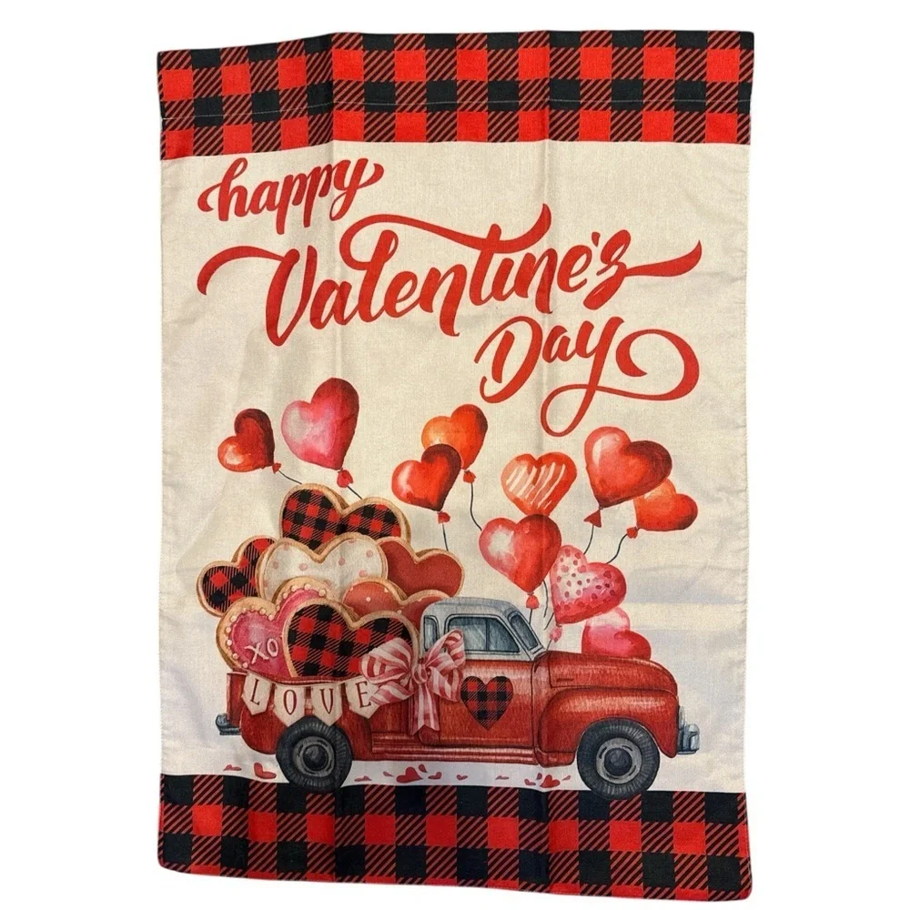 Briarwood Lane Happy Valentine’s Day House Flag Red Truck Hearts 28x40 Plaid